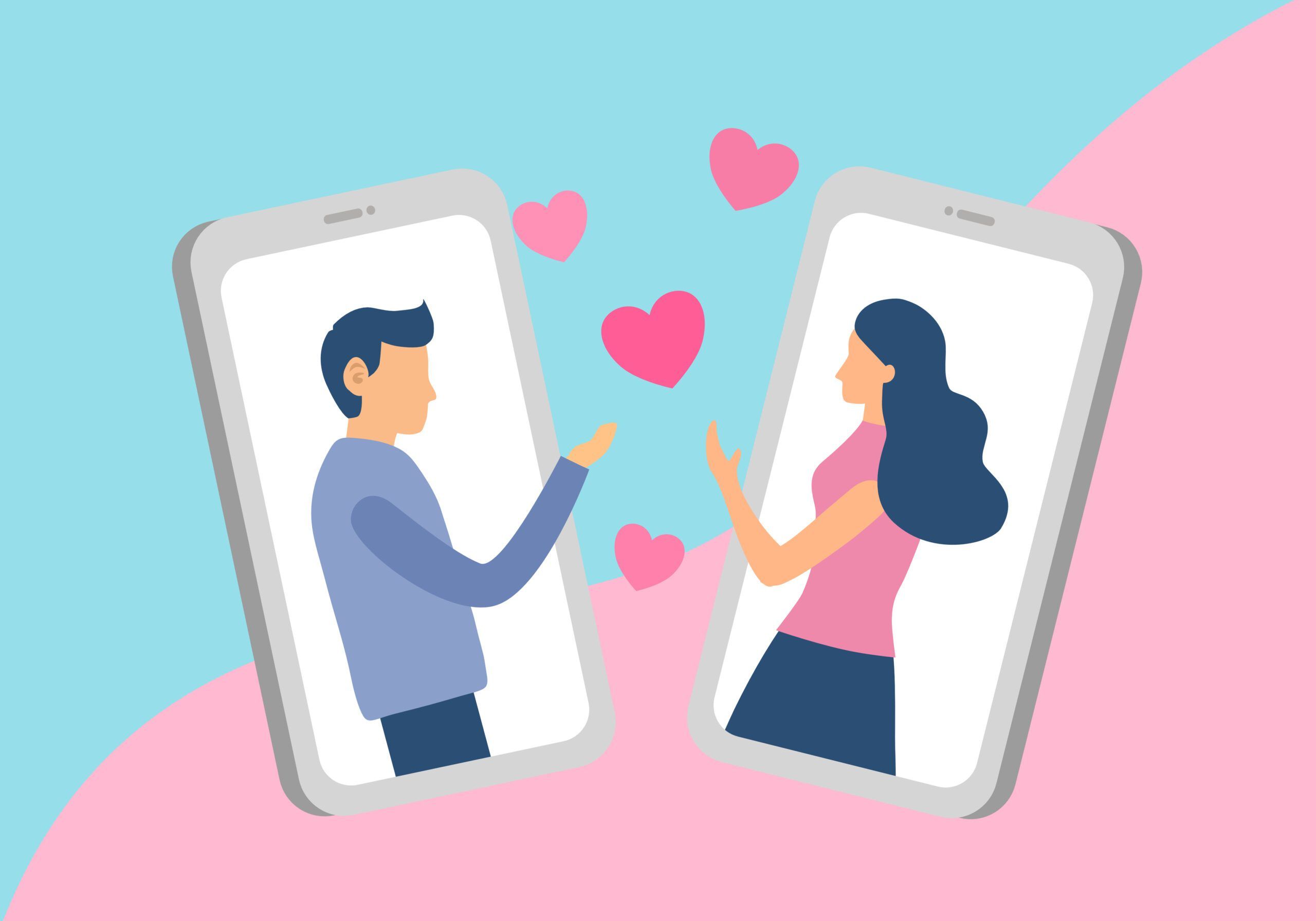 Loving couple chatting via smartphone. Online dating app. Man making video call to his girlfriend. Long distance relationship. Valentine’s Day concept vector illustration.